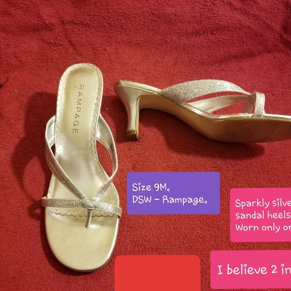 Sparkly silver sandal heels.